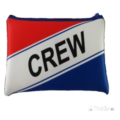 A rectangular zippered pouch with a red, white, and blue diagonal color-block design and the word 'CREW' printed in large black letters across the center, shown on a plain white background.