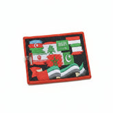 A rectangular embroidered patch featuring multiple flags, including Iran, Syria, Iraq, Lebanon, Saudi Arabia, Libya, Pakistan, and others, with a red border and a clear plastic loop attached on the left, set against a bright yellow background.