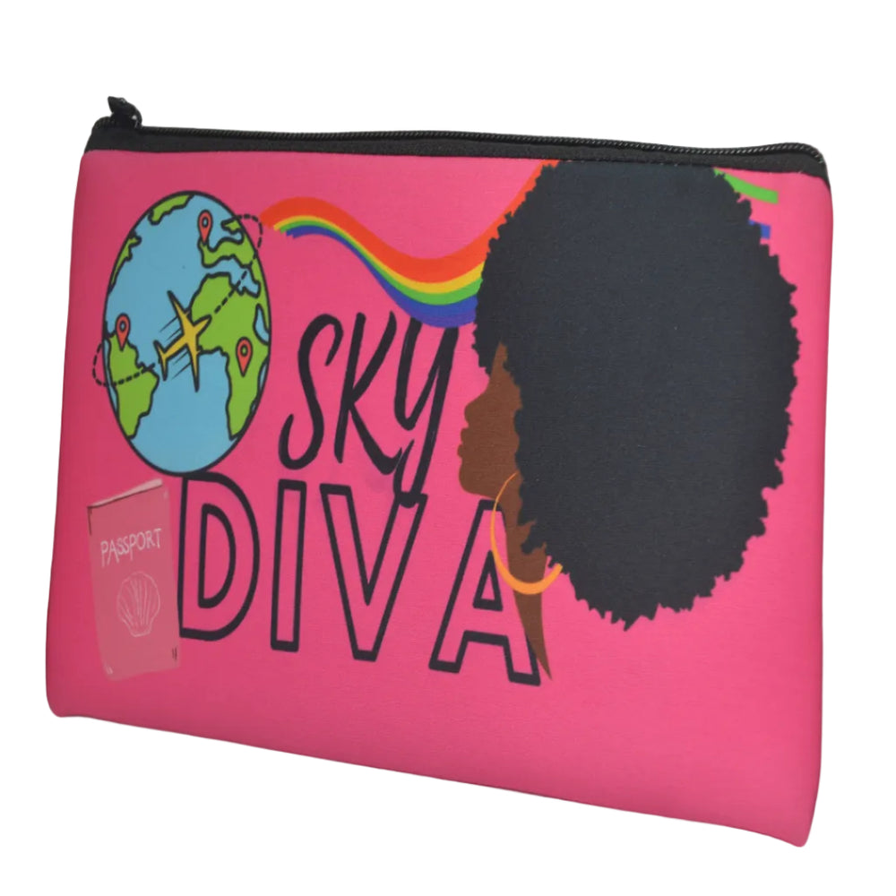 A pink zippered pouch featuring a colorful graphic design with the words 'SKY DIVA', a globe illustration, a rainbow, and a large black afro silhouette.
