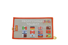 A rectangular embroidered patch with a red border and the words 'PROFESSIONAL TOURIST' in white, featuring multiple small embroidered national flags below. The patch is photographed against a bright yellow textured background.