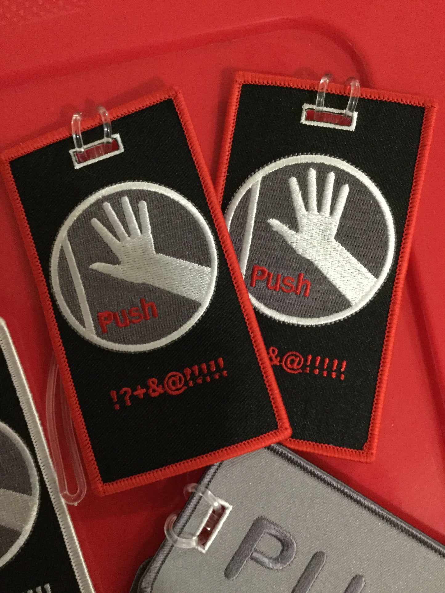 Push!  #$@&!!!! The ..door!  Black and Gray Luggage Tag